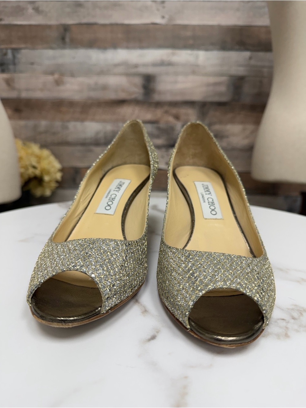 Jimmy Choo Glitter Peep Toe Pump with kitten heelie 37.5